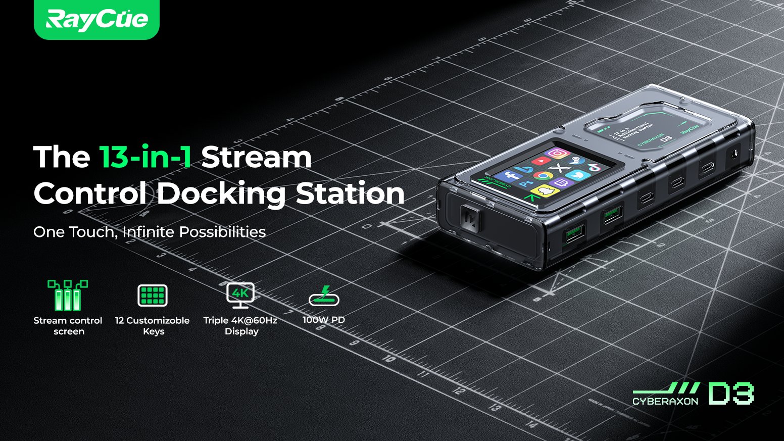 CyberAxon D3: 13-in-1 Multifunctional Stream Control Dock — Just like a Stream Deck — but built into a powerful dock!
