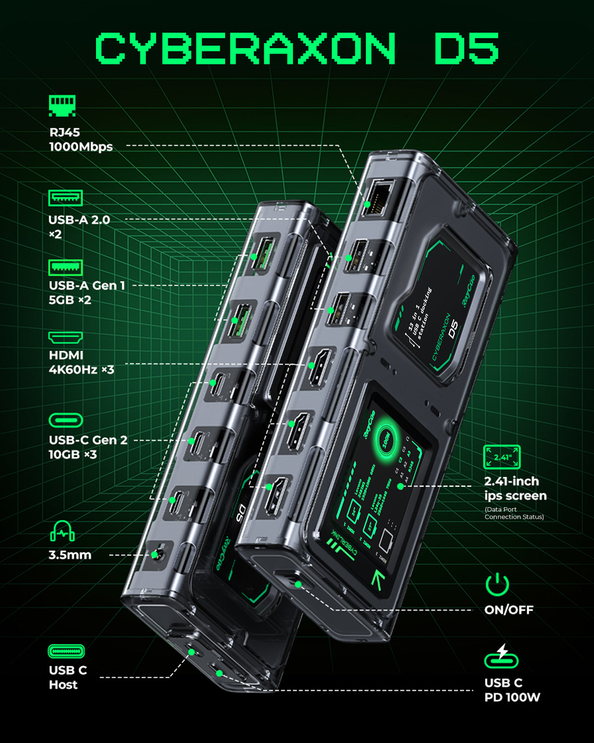 CyberAxon D3: 13-in-1 Multifunctional Stream Control Dock — Just like a Stream Deck — but built into a powerful dock!