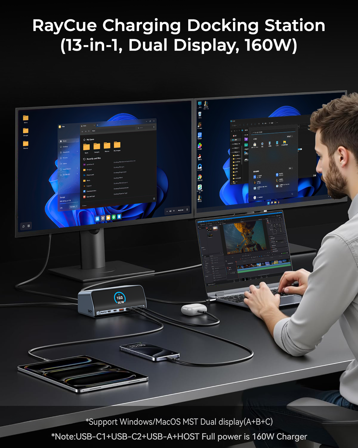 RayCue 160W 13-in-1 USB-C Docking Station | Dual 4K HDMI, 10Gbps USB, Support Windows/MacOS MST, PD Charging, LED Smart Display