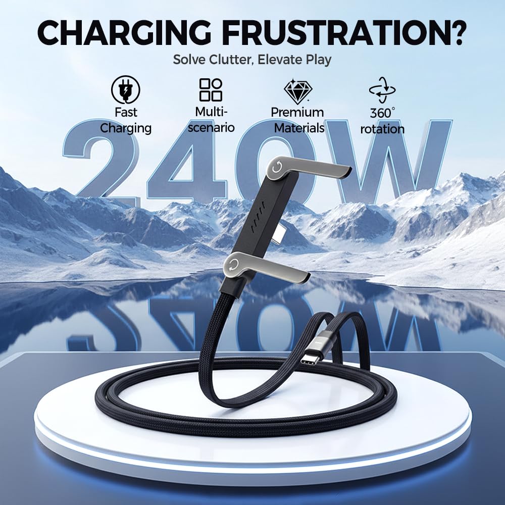 2 in 1 Charging Cable 240W with Type C Multi-Angle Adjustable Stand.Fast Charging Data Sync Cable for Smartphones. Tablets. Laptops. Gaming Devices
