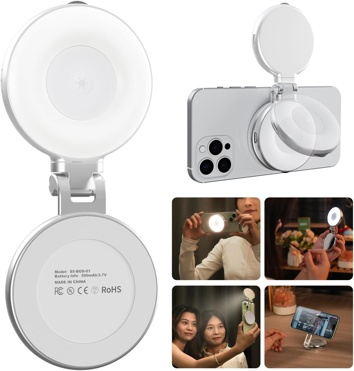 Magnetic Selfie Light,Phone Light Compatible with iPhone Magsafe,CRI97 360° LED Selfie Ring Fill Light with Mirror for Selfies