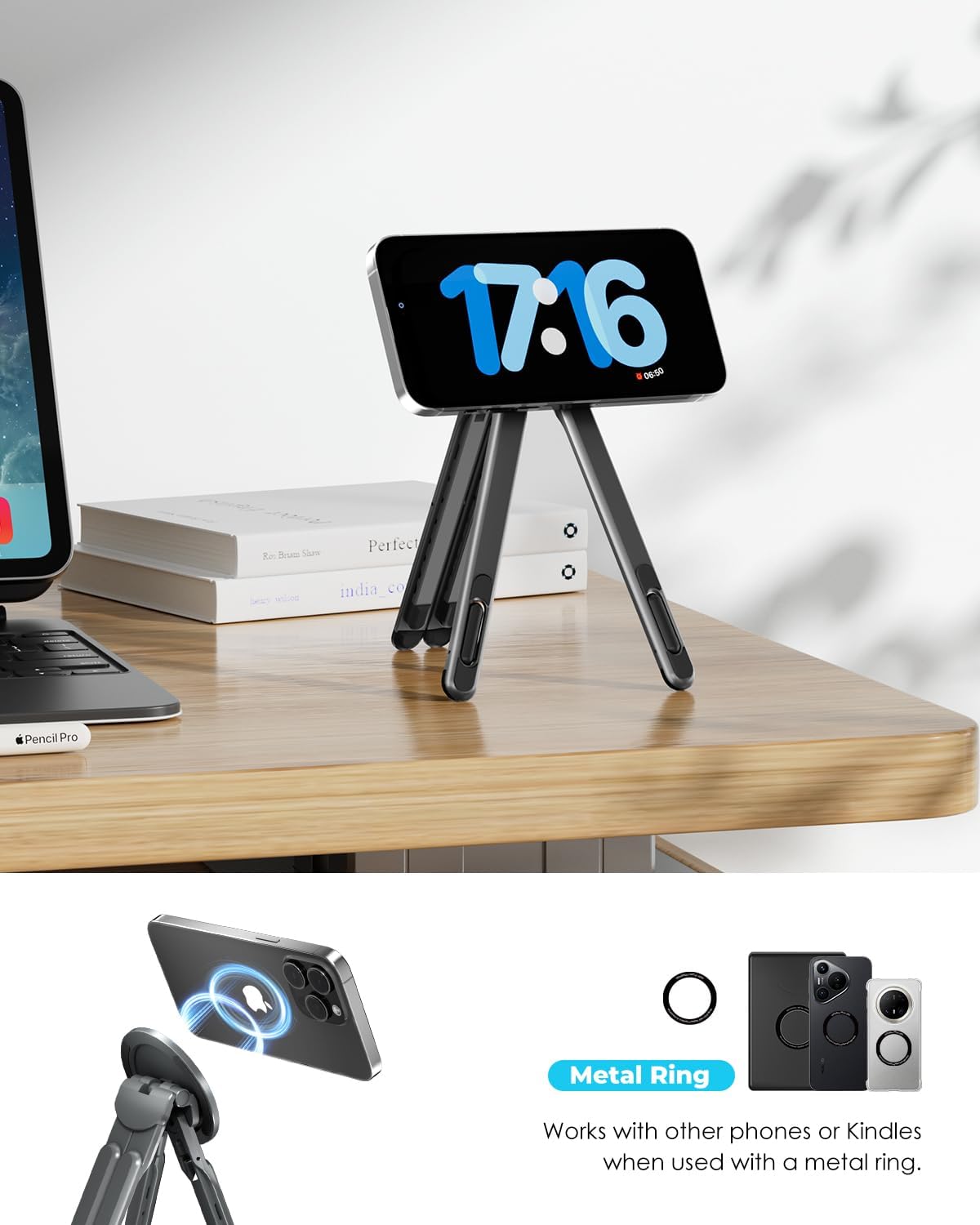 RayCue Portable Laptop Stand for Desk & Travel, Magnetic Phone Holder Tripod, Compatible with 10–16 Laptops and 4–13 Phones/Tablets, Compact Foldable Aluminum Alloy, 8-Level Height Adjustment