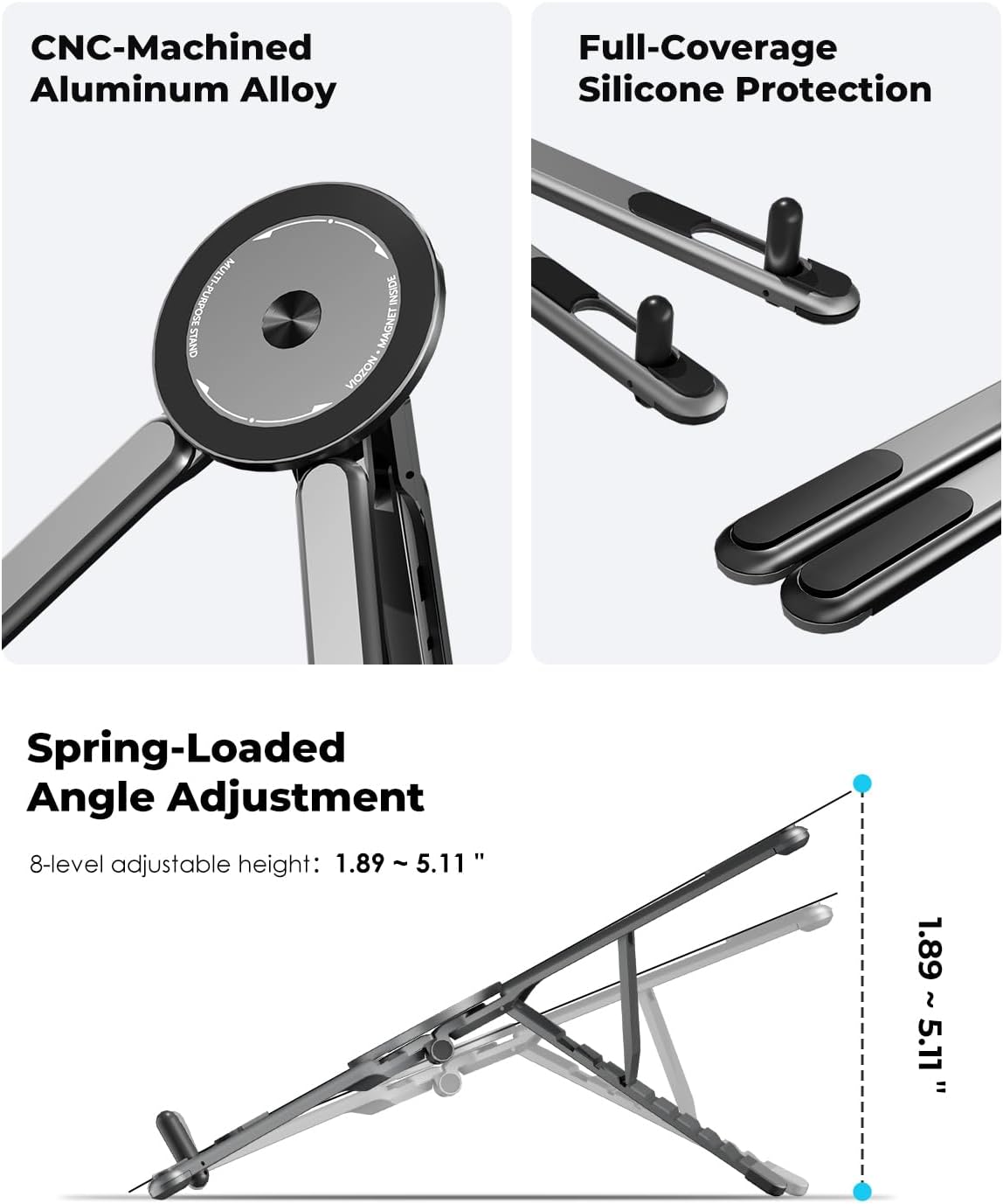 RayCue Portable Laptop Stand for Desk & Travel, Magnetic Phone Holder Tripod, Compatible with 10–16 Laptops and 4–13 Phones/Tablets, Compact Foldable Aluminum Alloy, 8-Level Height Adjustment
