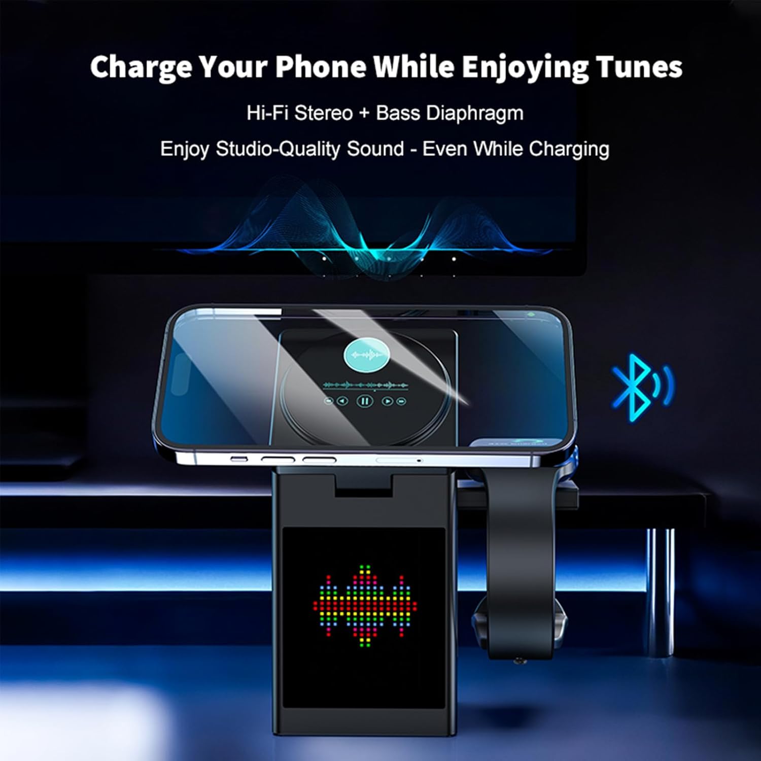 3-in-1 Wireless Charging Station with Bluetooth Speaker & Alarm Clock – 18W Fast Charger for iPhone, AirPods & Watch, LCD Touch Screen Nightstand Charger
