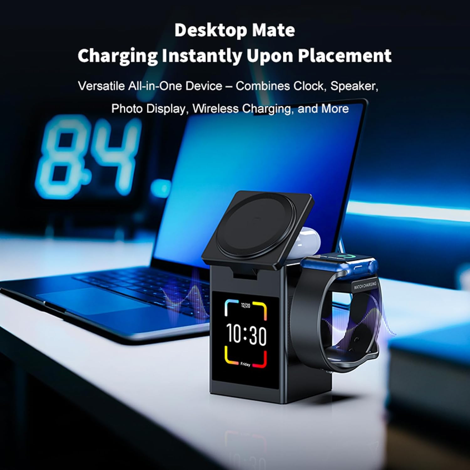 3-in-1 Wireless Charging Station with Bluetooth Speaker & Alarm Clock – 18W Fast Charger for iPhone, AirPods & Watch, LCD Touch Screen Nightstand Charger