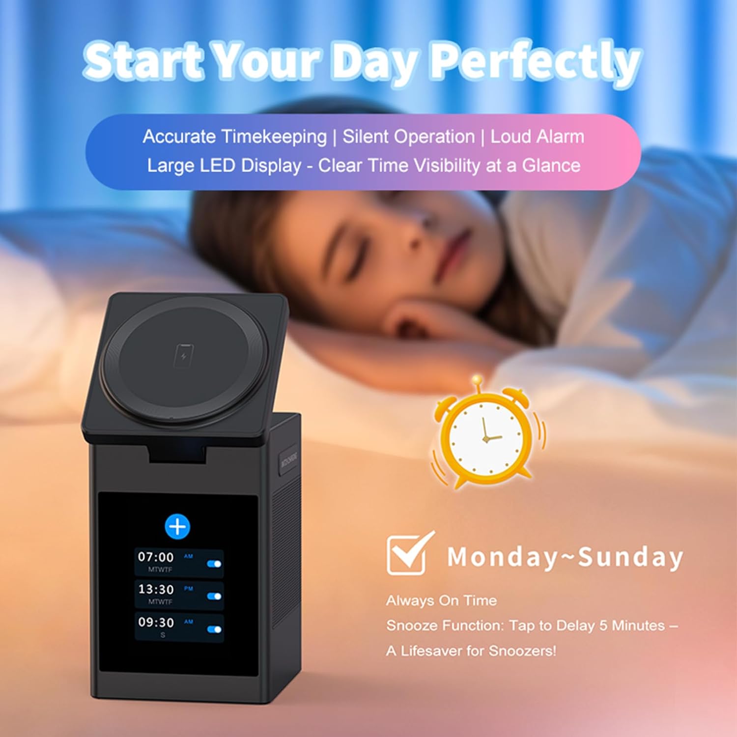 3-in-1 Wireless Charging Station with Bluetooth Speaker & Alarm Clock – 18W Fast Charger for iPhone, AirPods & Watch, LCD Touch Screen Nightstand Charger