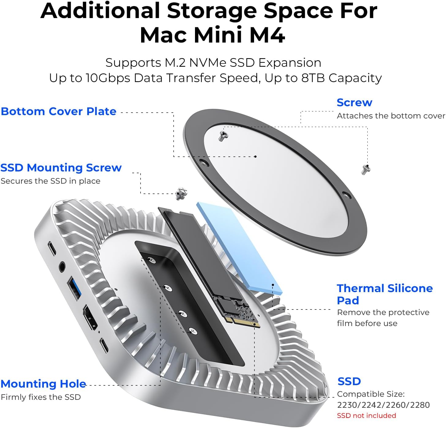 RayCue New M4/2024 Mac Mini Hub & Stand with NVMe/ M.2 SATA SSD Enclosure Compatible with Thunderbolt 4/5