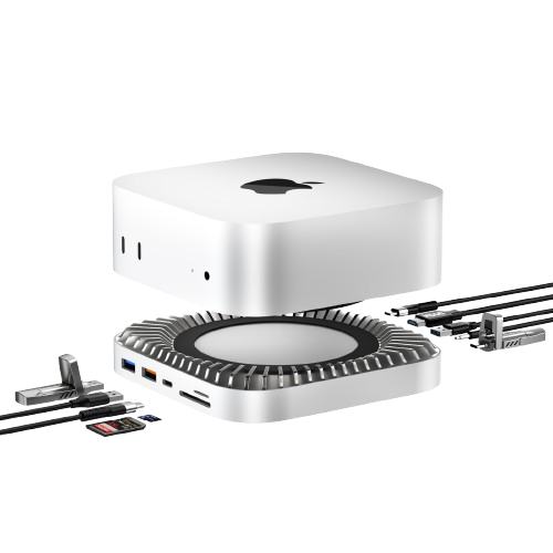 RayCue New M4/2024 Mac Mini Hub & Stand with NVMe/ M.2 SATA SSD Enclosure