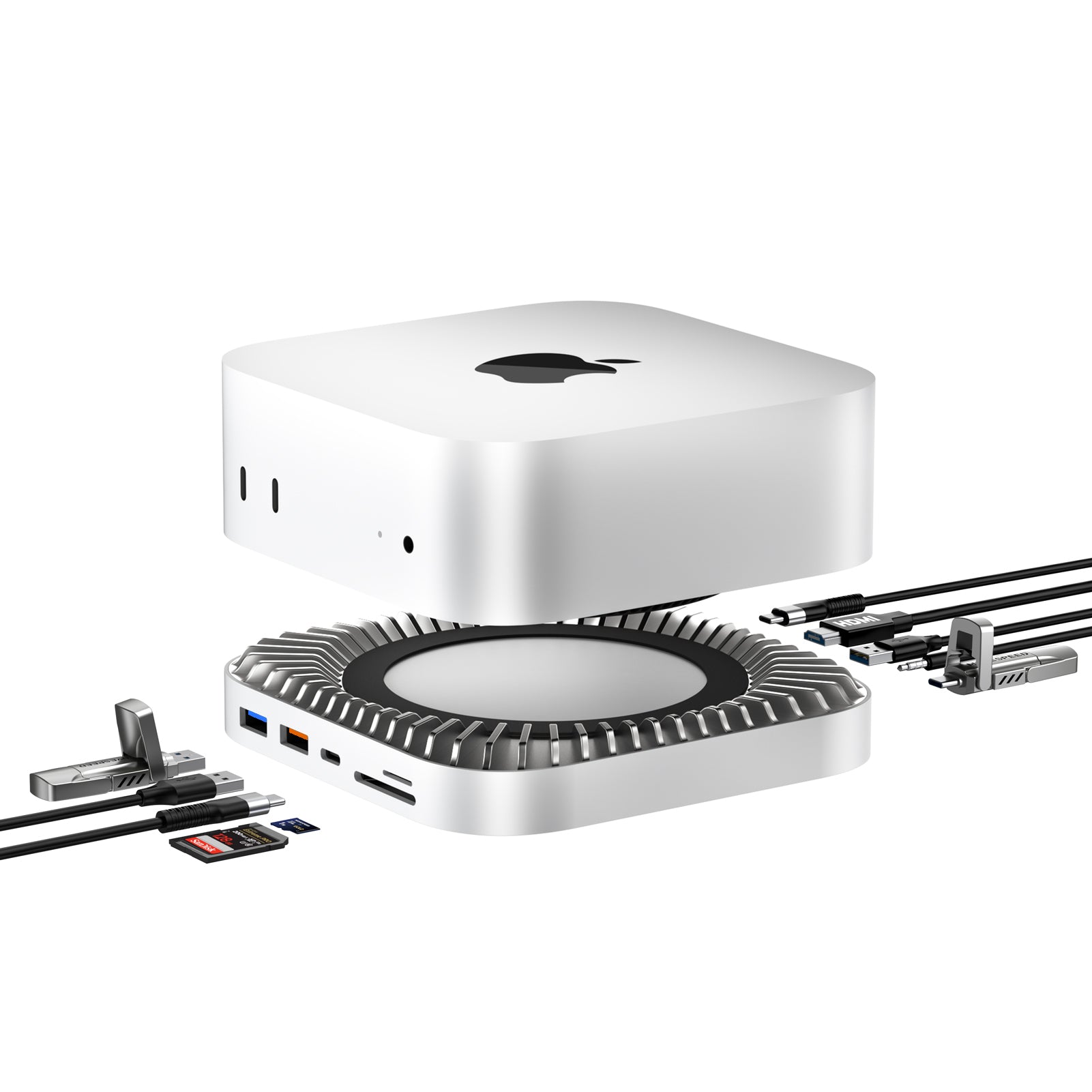 RayCue New M4/2024 Mac Mini Hub & Stand with NVMe/ M.2 SATA SSD Enclosure
