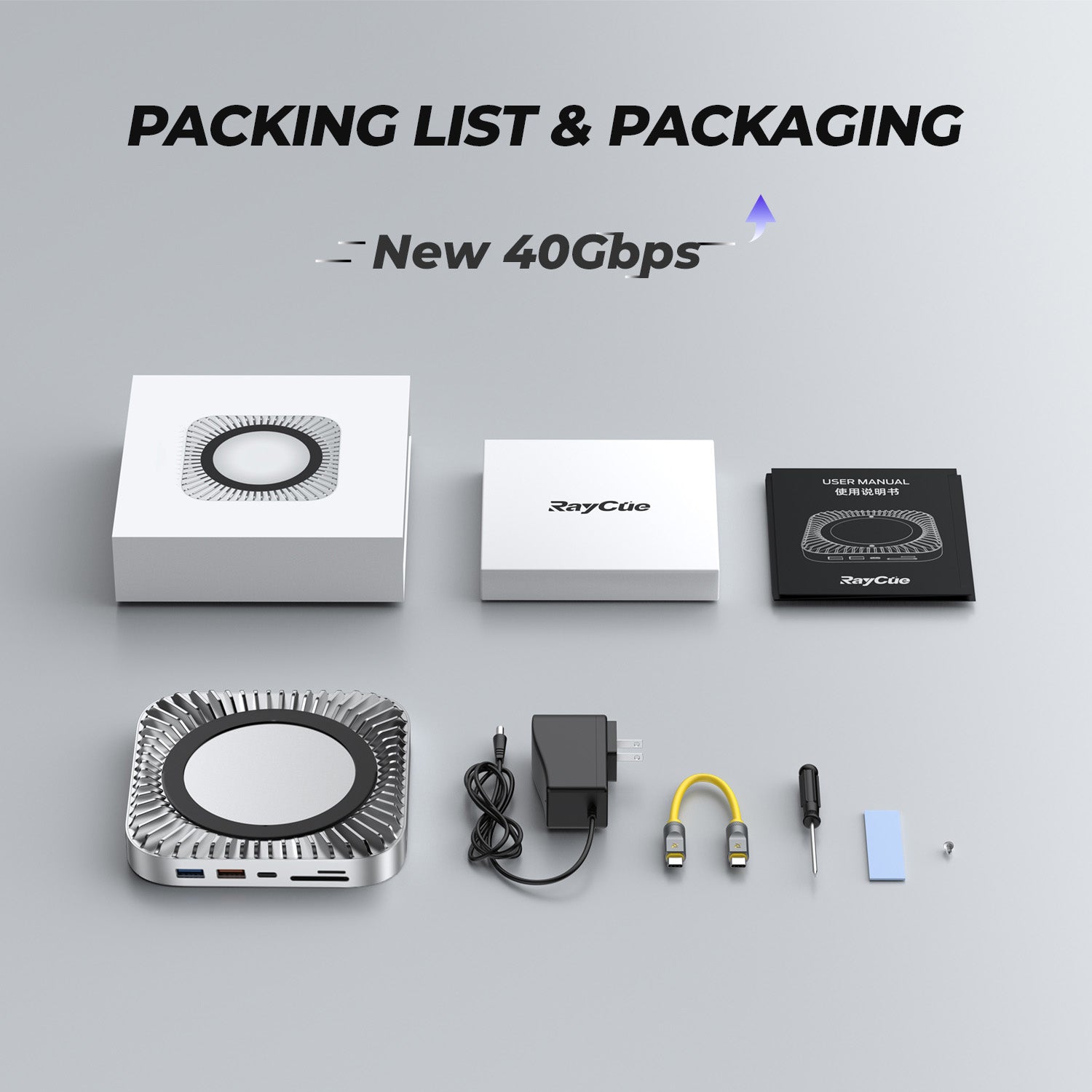 RayCue New M4/2024 Mac Mini Hub & Stand with NVMe/ M.2 SATA SSD Enclosure