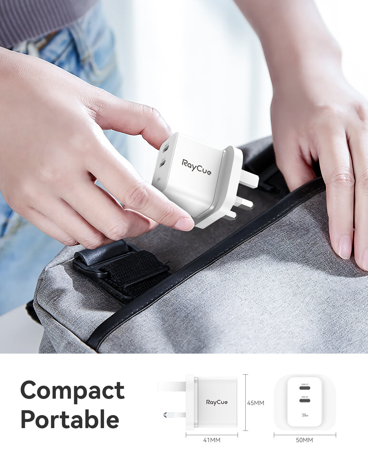 RayCue BlitzCharge GaN 35W 2-Port USB PD Charger for MacBook, iPhone, iPad