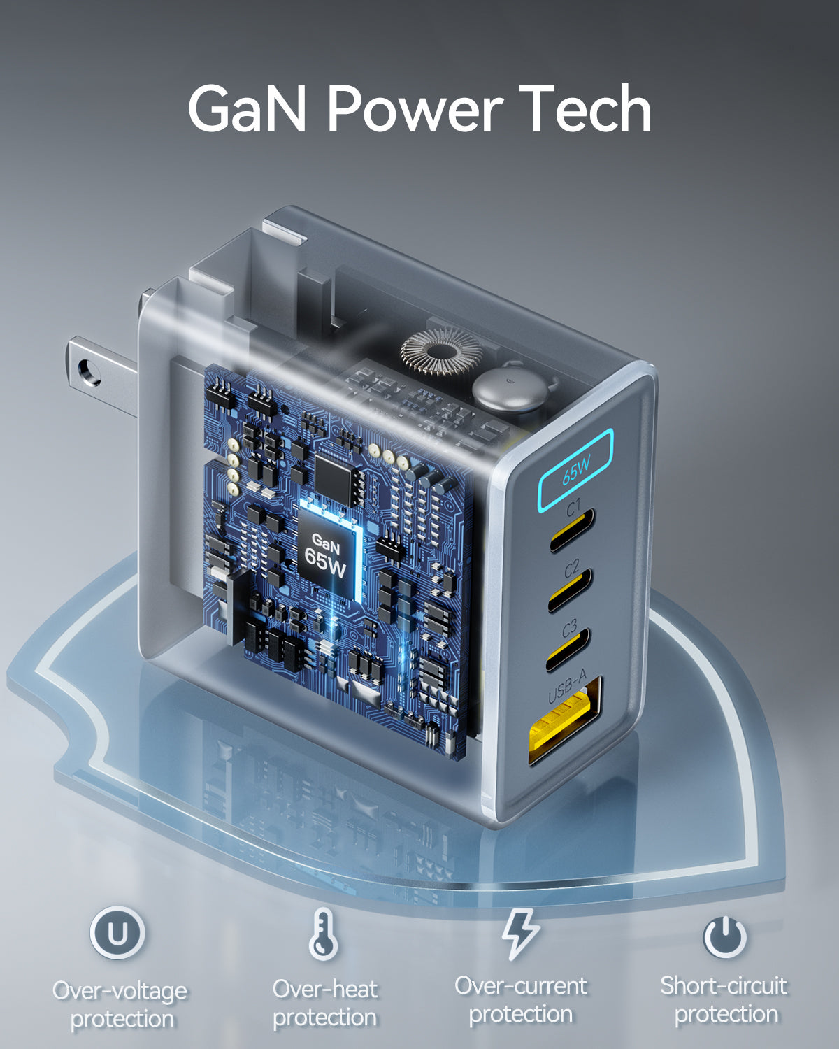 RayCue BlitzCharge GaN 65W 4-Port USB Fast Charger for MacBook, iPhone, iPad -US Plug RayCue