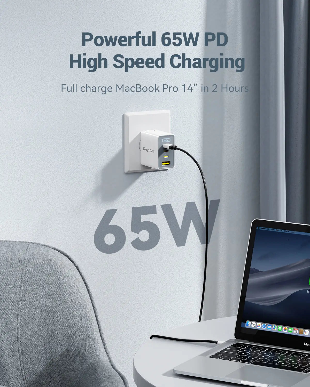 RayCue BlitzCharge GaN 65W 4-Port USB Fast Charger for MacBook, iPhone, iPad -US Plug RayCue
