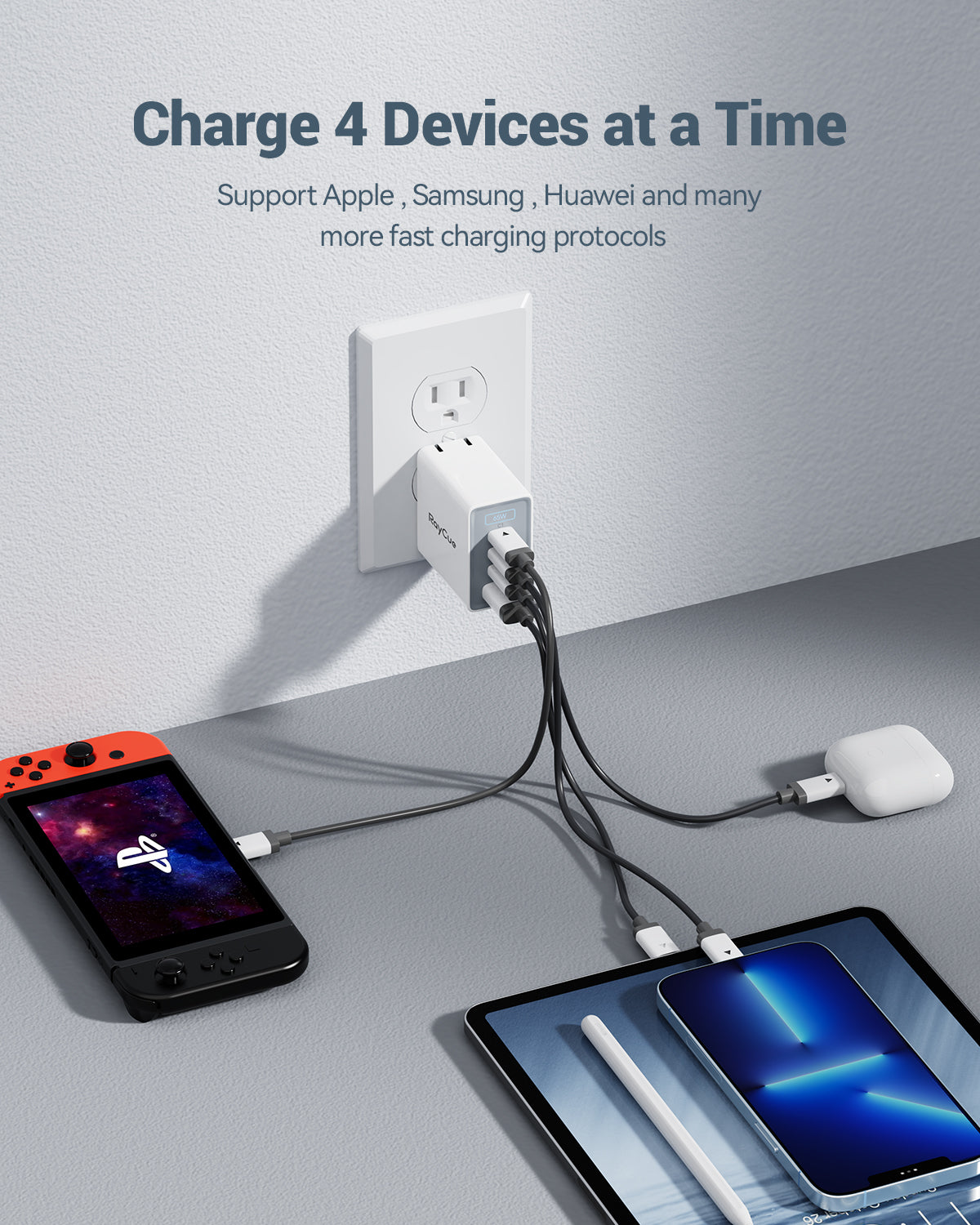 RayCue BlitzCharge GaN 65W 4-Port USB Fast Charger for MacBook, iPhone, iPad -US Plug RayCue