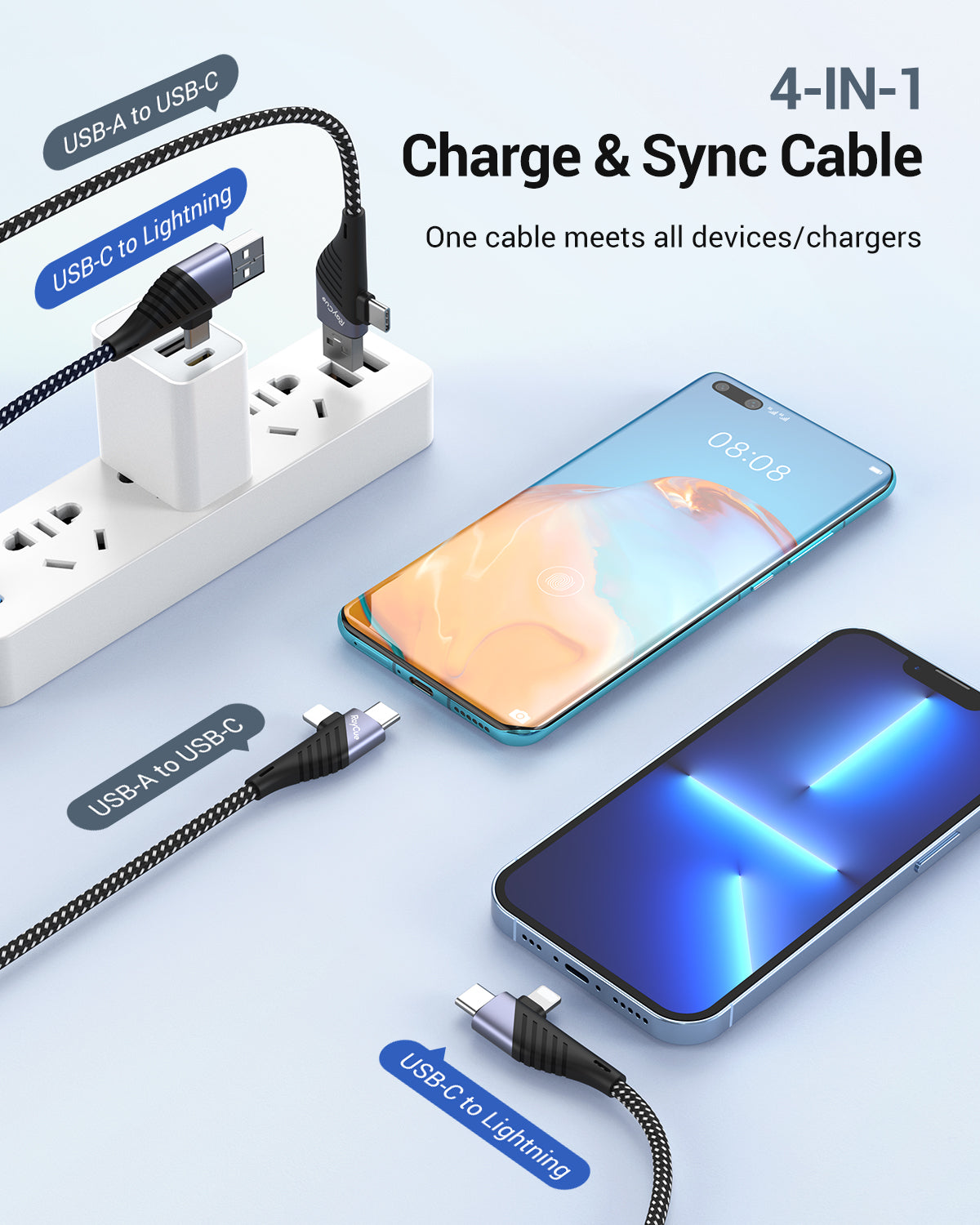 RayCue BlitzLink Omni 1.2M Braided Multifunctional 4-in-1 Chrage&Sync Cable