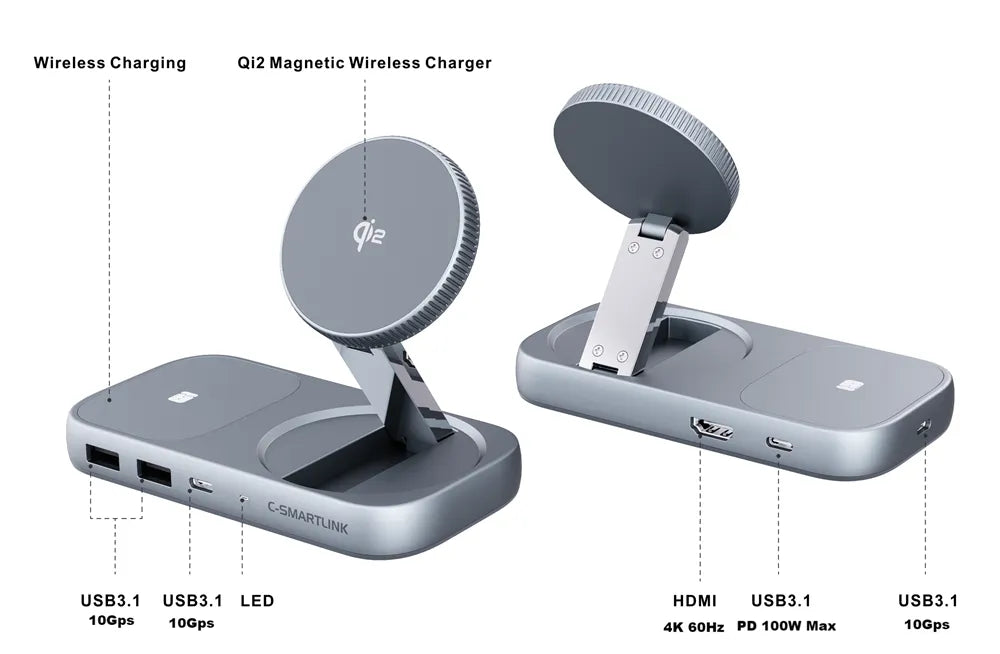 Qi2 3-in-1  Extension Hub Stand and Wireless Charger for iPhone