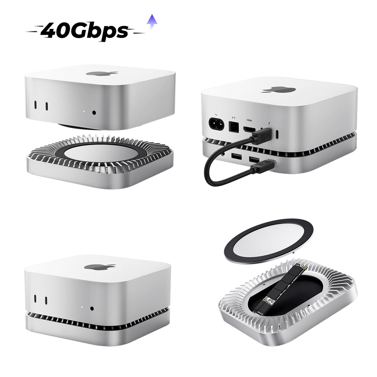 RayCue New M4/2024 Mac Mini Hub & Stand with NVMe/ M.2 SATA SSD Enclos