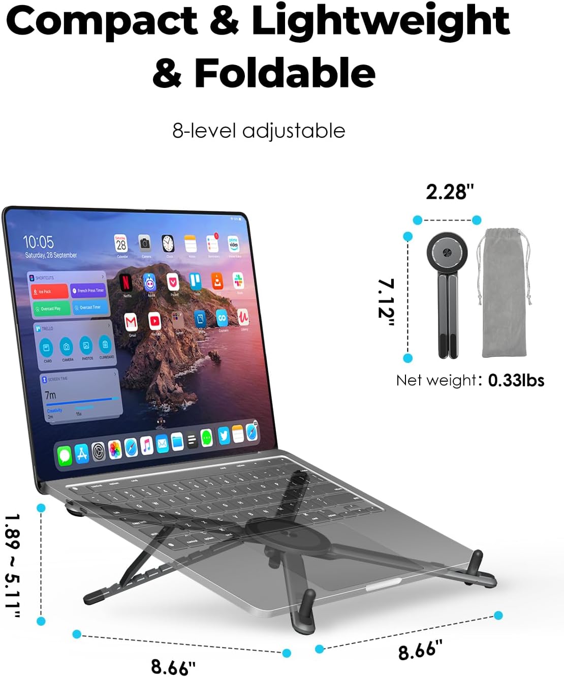 RayCue Portable Laptop Stand for Desk & Travel, Magnetic Phone Holder Tripod, Compatible with 10–16 Laptops and 4–13 Phones/Tablets, Compact Foldable Aluminum Alloy, 8-Level Height Adjustment
