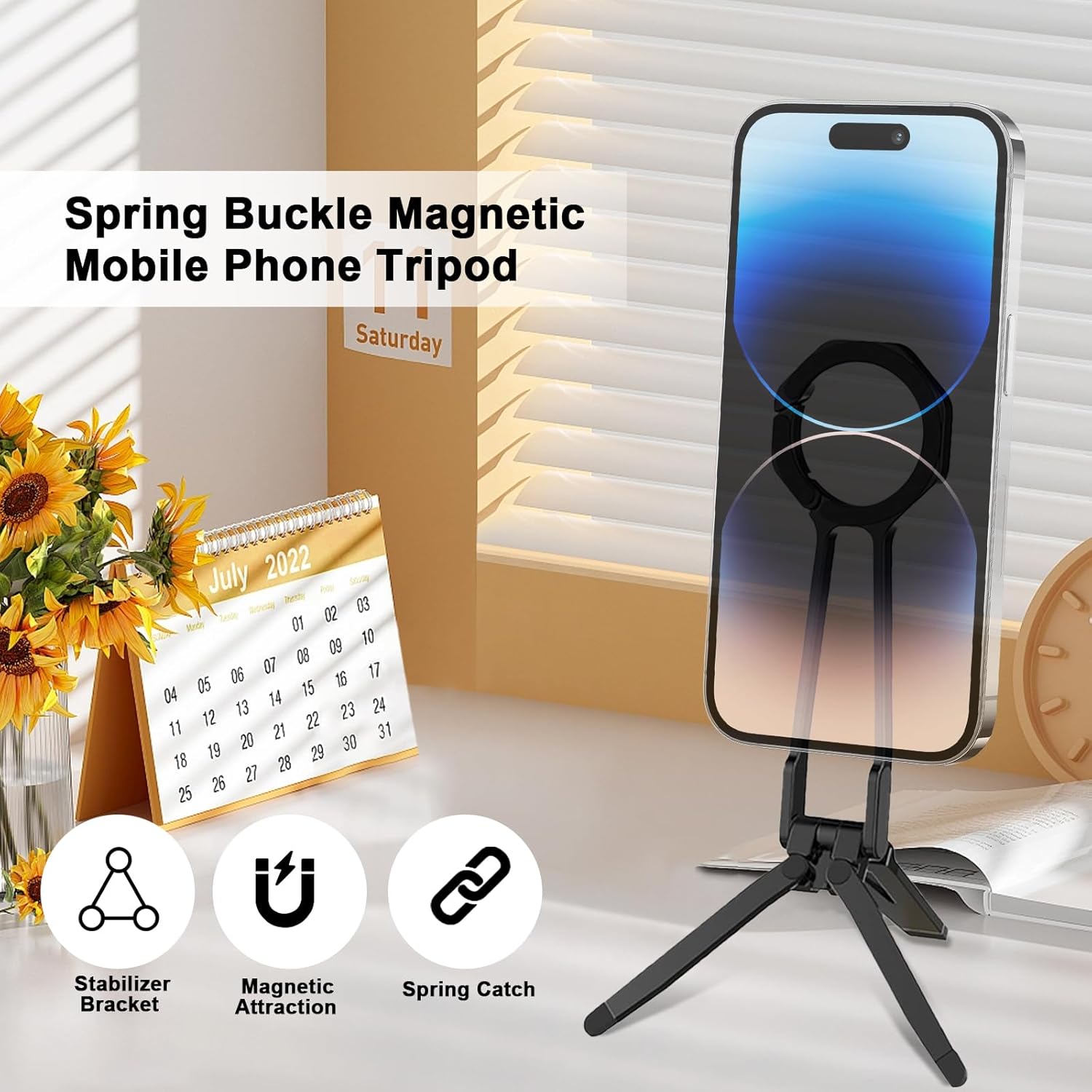 Foldable Magnetic Phone Tripod for iPhone. Mini Tripod Pocket Cell Phone Stand Smartphone Desk Stand. Portable Magnetic Phone Stand with iPhone 16 15 14 13 12