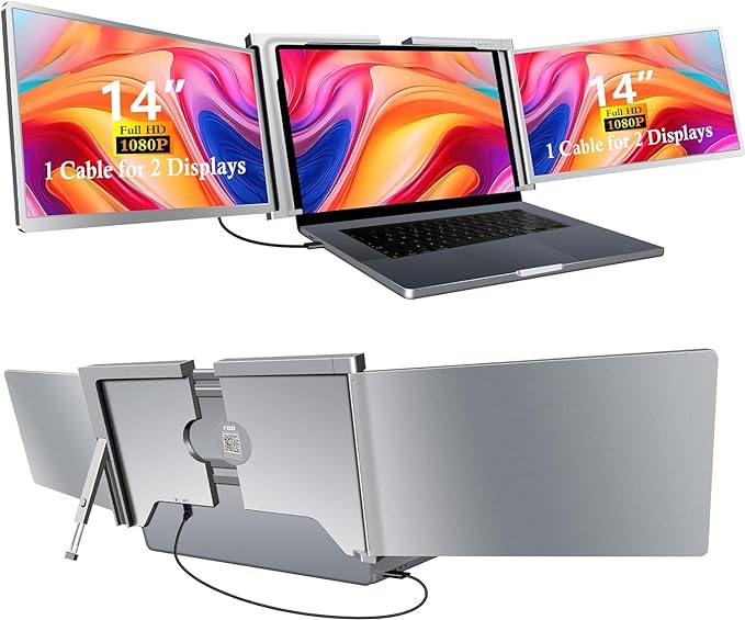 Dual Portable Monitor for Laptop, 1 Cable for 2 Displays for 13.3”-17” Laptops Mac/Windows