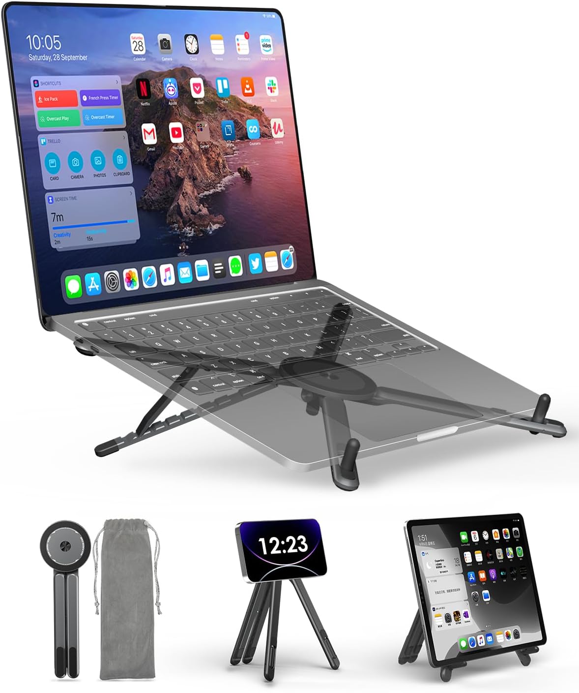 RayCue Portable Laptop Stand for Desk & Travel, Magnetic Phone Holder Tripod, Compatible with 10–16 Laptops and 4–13 Phones/Tablets, Compact Foldable Aluminum Alloy, 8-Level Height Adjustment
