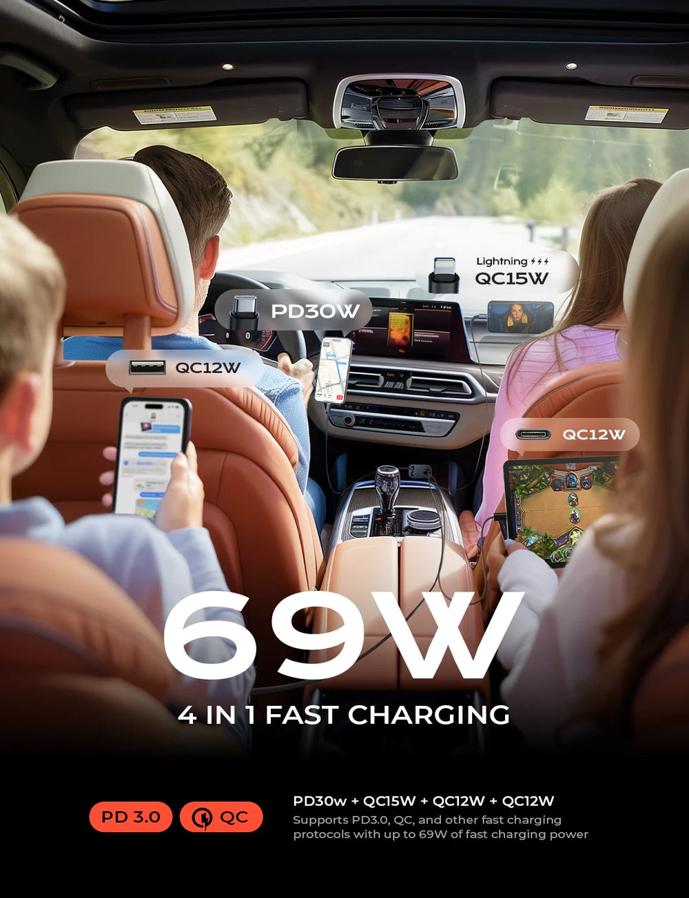 4 in 1 69W USB Car Retractable Charger Adapter