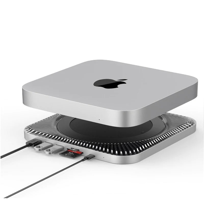 RayCue Type-C Stand &amp; Hub kun SSD &amp; HDD-Enfermaĵo por Mac Mini/Studio kaj ĉiuj USB-C tekkomputiloj 