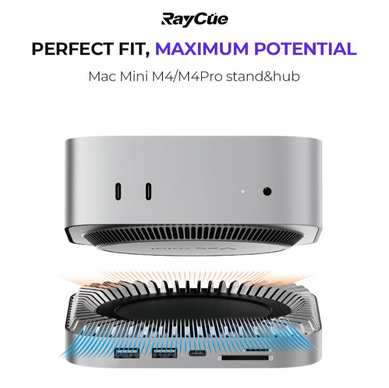 RayCue New M4/2024 Mac Mini Hub & Stand with NVMe/ M.2 SATA SSD Enclosure Compatible with Thunderbolt 4/5