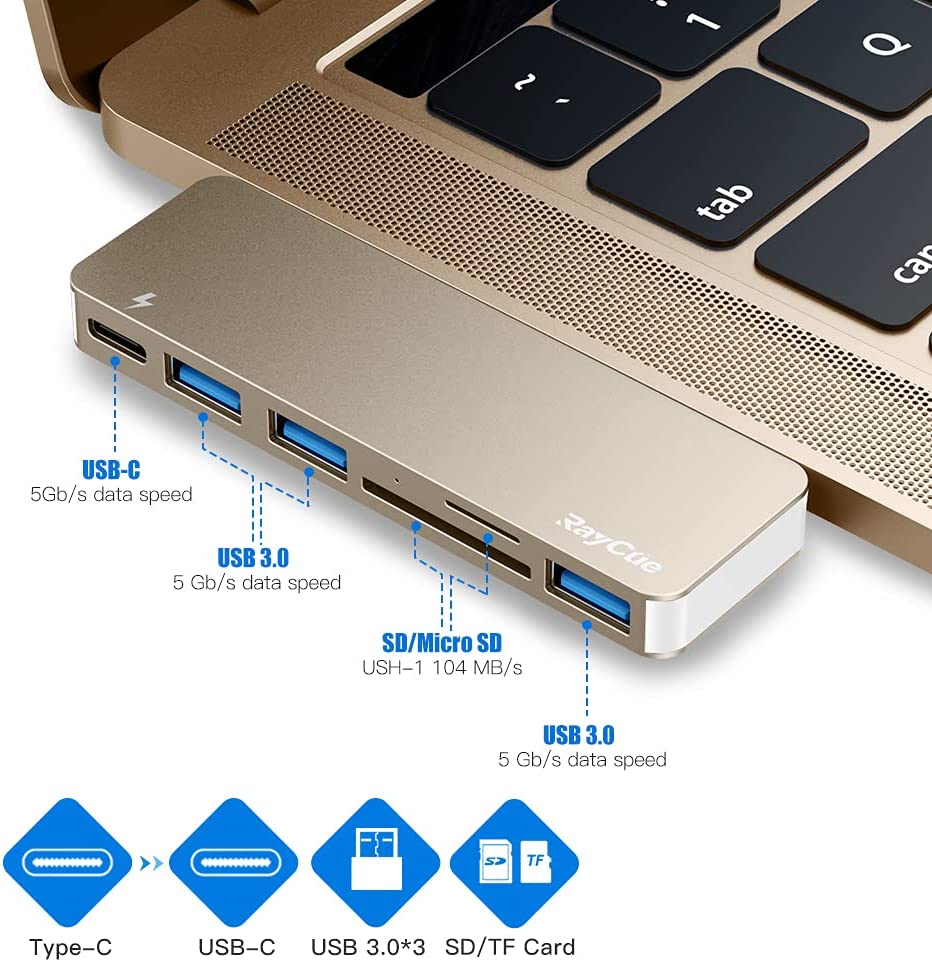 Raycue 6-en-1 USB C Hub-Adaptilo por MacBook Pro/Air 2020 2019 2018 Oro