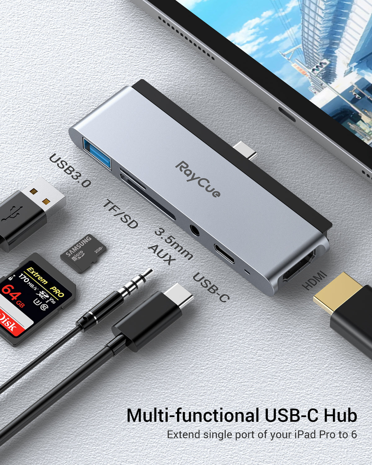 RayCue ExpandPro Sole 6-in-1 USB-C Hub for iPad Pro 2018/2020/2021