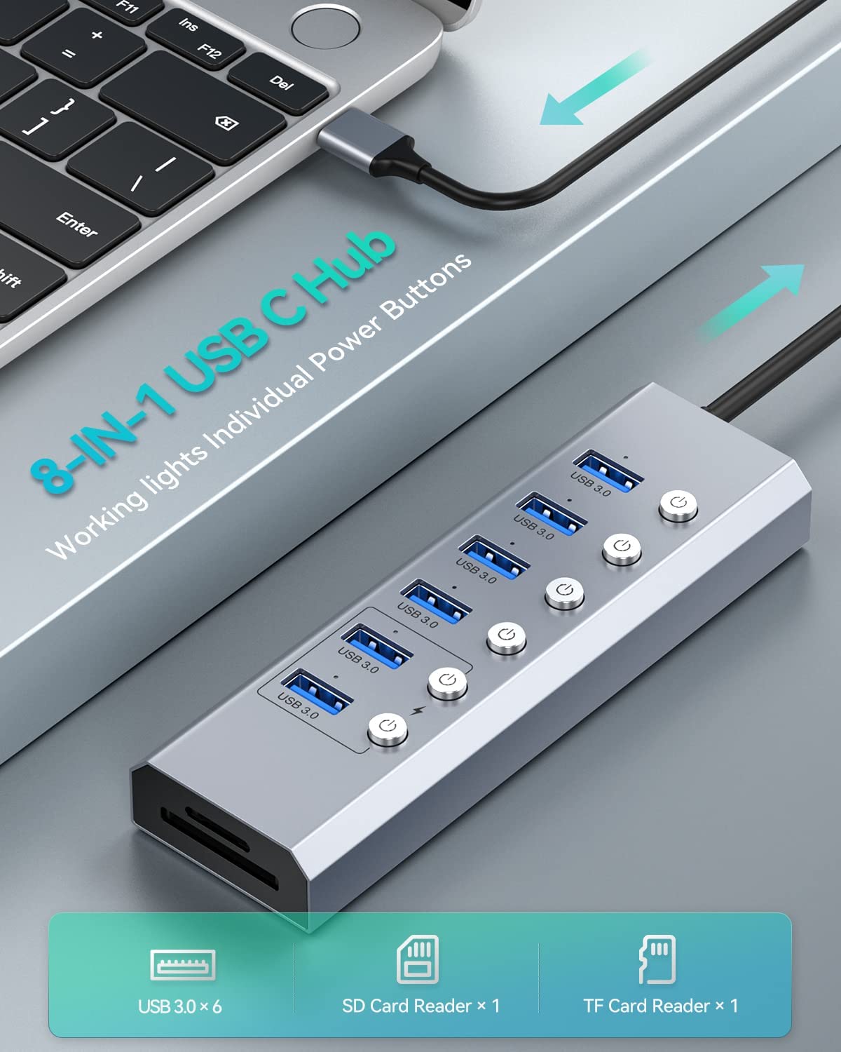 RayCue ExpandPro Prima 8-in-1 Powered USB Hub for USB-A Laptop and Computer